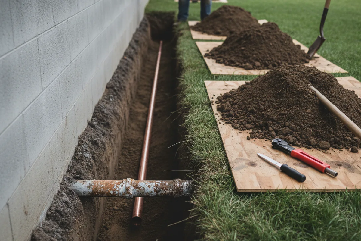 Excavated water line trench during Water Softener Installation in Eaton